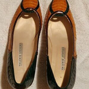 Valerie Stevens Snakeskin Leather Pumps Brown Green Pointed Toe Heels